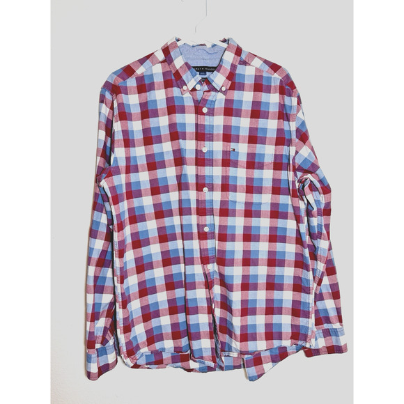 Tommy Hilfiger Men's Classic Fit Long-Sleeved Button-Down Shirt Sz L Plaid Logo - Picture 1 of 13